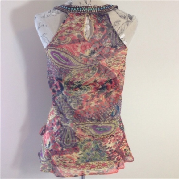 Axara Brown Embellished Sheer Top M - Picture 2 of 4